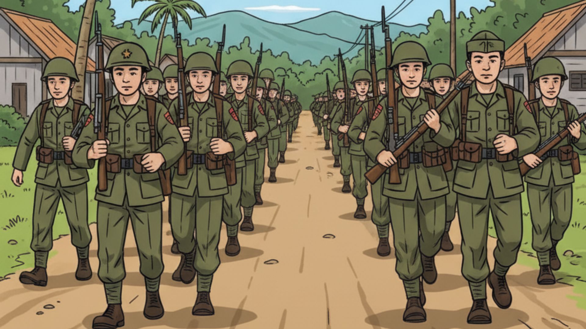 Ilustrasi longmarch Pasukan Batalion Siluman Merah. [Gemini]